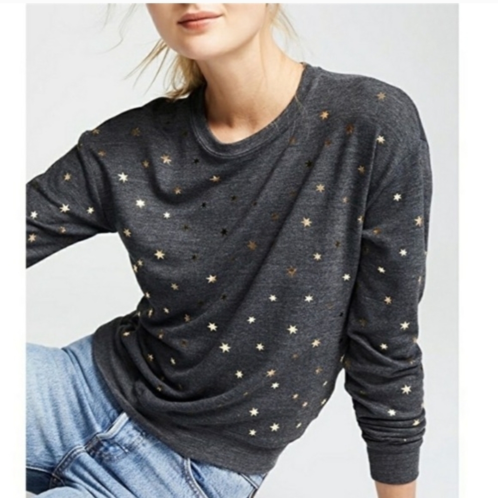 Spiritual Gangster Cozy Dark Gray Metalic Gold Star-Print Sweatshirt, Women's XS